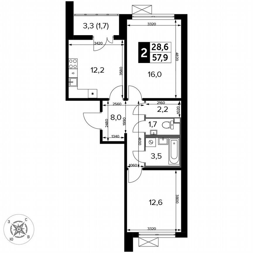 2-к. квартира, 57,9 м², 8/15 эт.