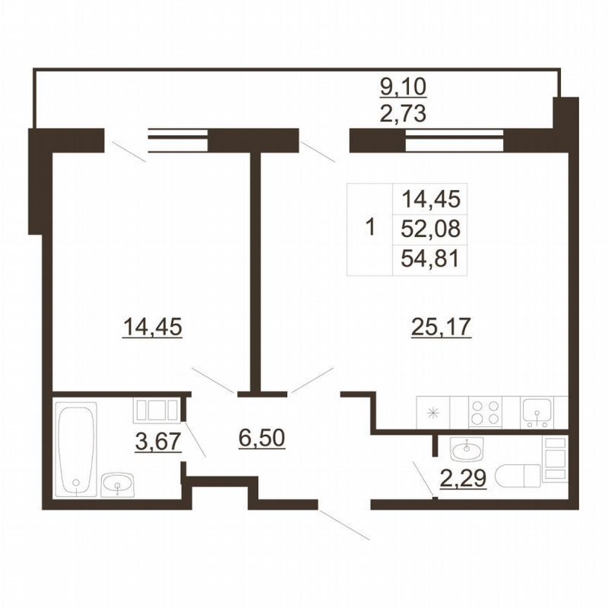 1-к. квартира, 54,8 м², 3/6 эт.