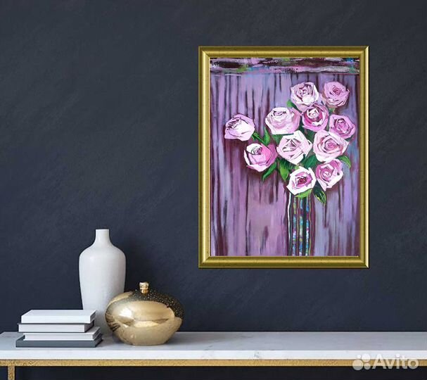 Картина розы букет в вазе интерьерная картина