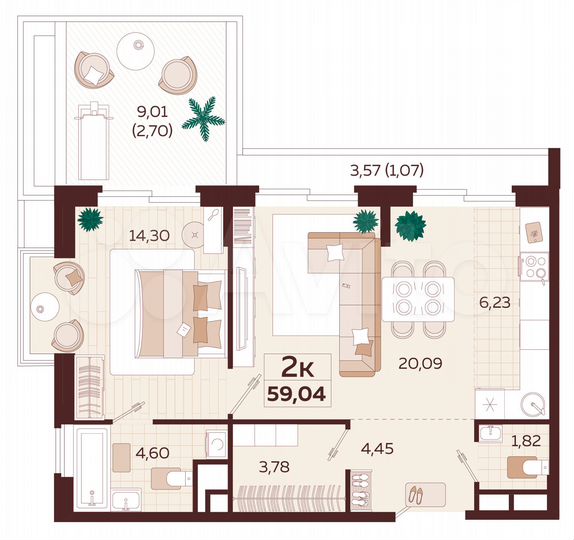 2-к. квартира, 59 м², 8/9 эт.