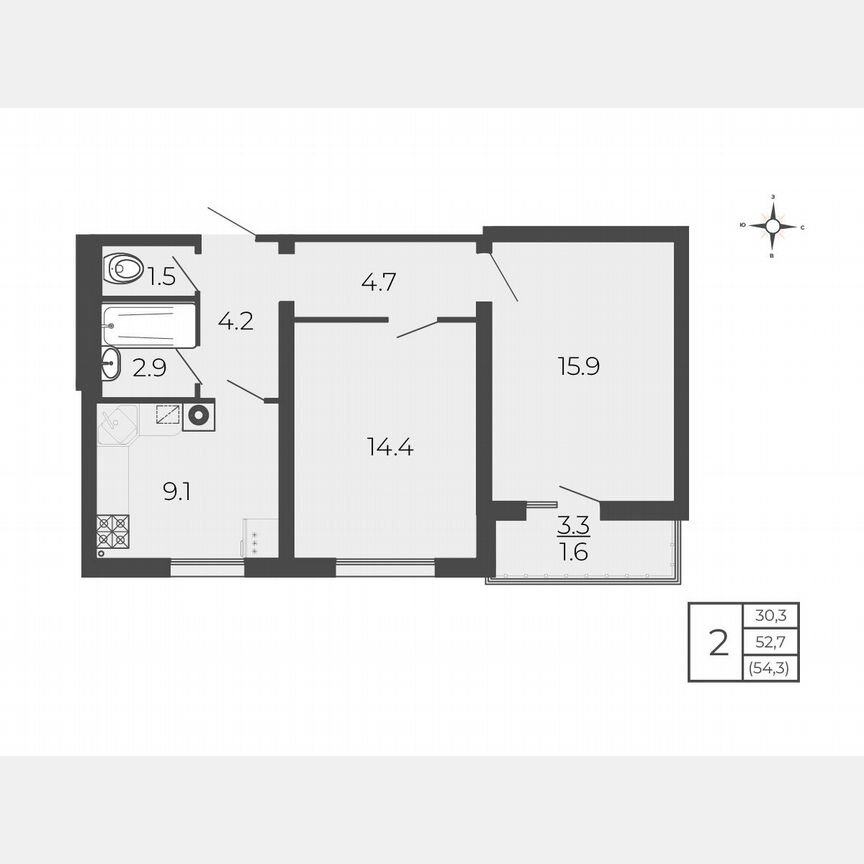 2-к. квартира, 54,3 м², 4/5 эт.