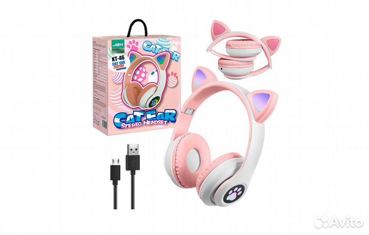 Bluetooth наушники с ушками KT-46 Розовые Детские