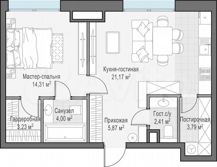 1-к. апартаменты, 55,2 м², 2/5 эт.