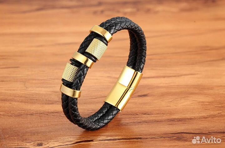 Браслет кожаный плетеный мужской стальной L42