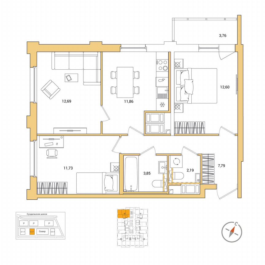 3-к. квартира, 64,6 м², 25/25 эт.
