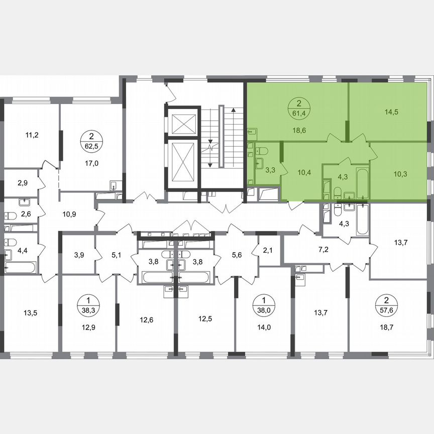 2-к. квартира, 61,4 м², 3/17 эт.