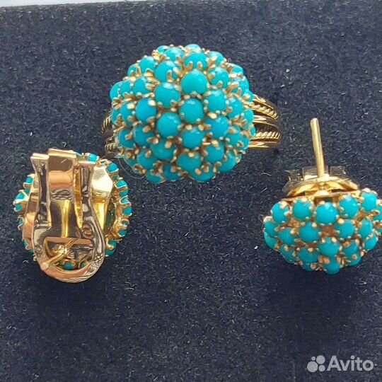 Золотой набор из серёг и кольца с бирюзой
