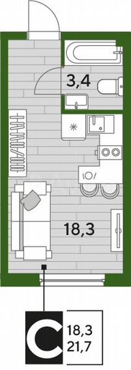 Квартира-студия, 21,7 м², 2/16 эт.