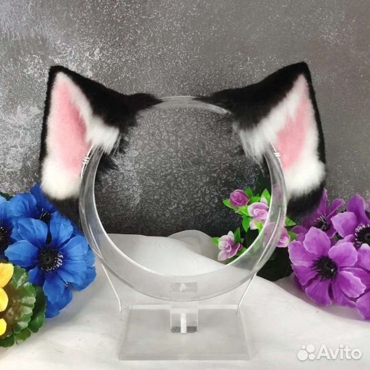 Чёрные чёрно-белые кошачьи ушки на ободке