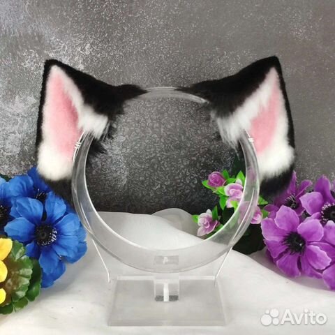 Чёрные чёрно-белые кошачьи ушки на ободке