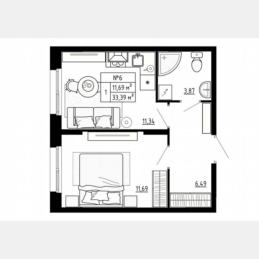 1-к. квартира, 33,4 м², 1/4 эт.
