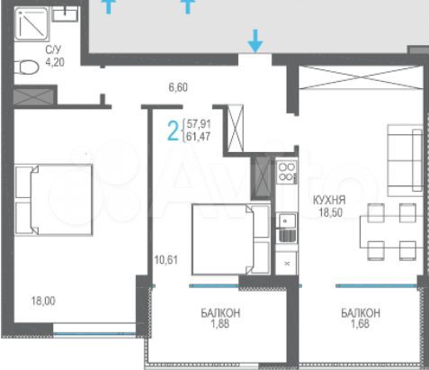 2-к. квартира, 61,5 м², 12/16 эт.