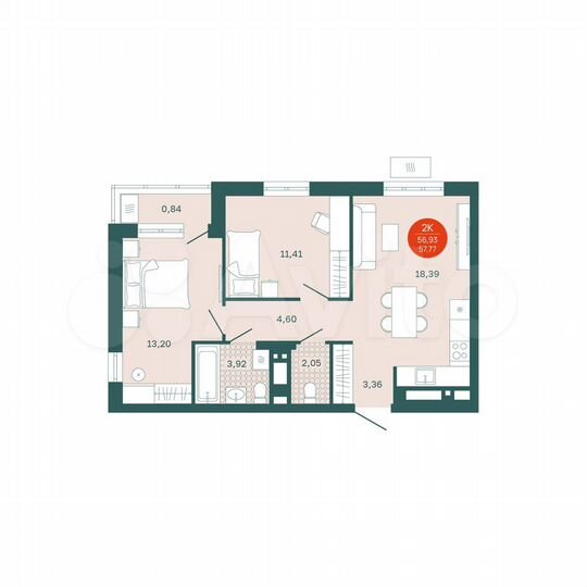 2-к. квартира, 56,9 м², 24/24 эт.