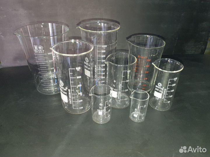 Лабораторная стеклянная посуда, колбы, мен