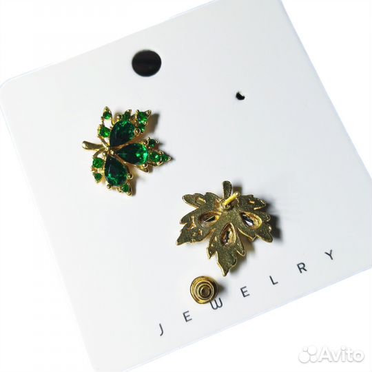 Серьги гвоздики зелёные листья клена, новые