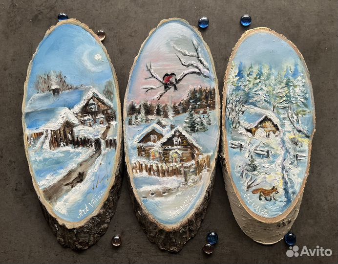 Картина маслом на спиле дерева Зима Деревня 28х12