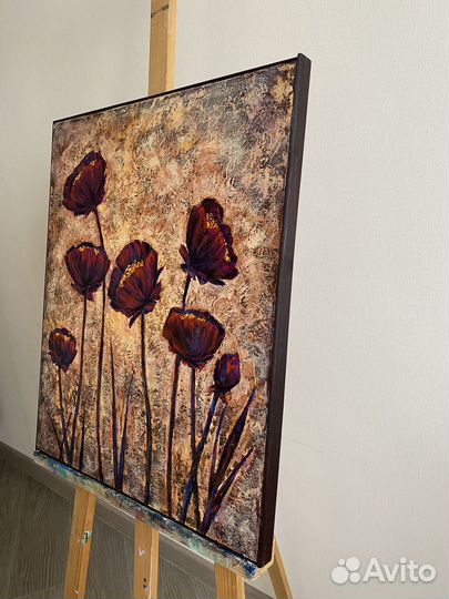 Картина маслом на холсте маки интерьерная