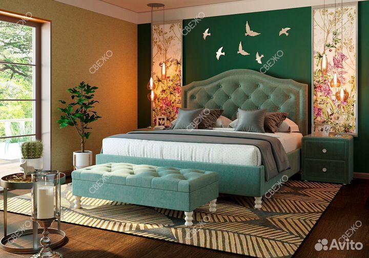Двуспальная кровать с мягким изголовьем
