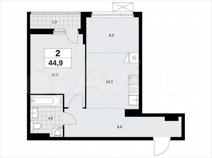 2-к. квартира, 44,9 м², 3/13 эт.