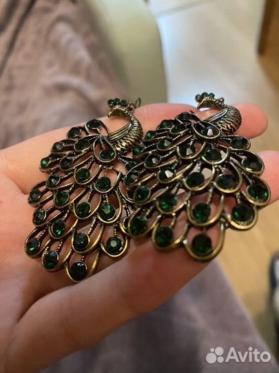 Серьги павлины со стразами