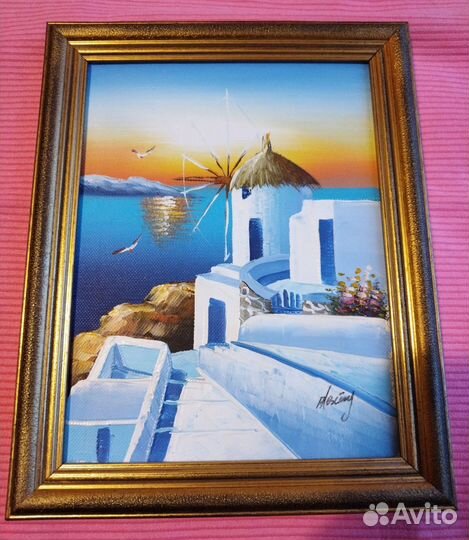 Греция: картина, тарелки, вышитые салфетки