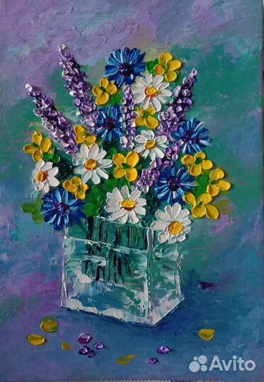 Картина маслом полевые цветы объемная живопись