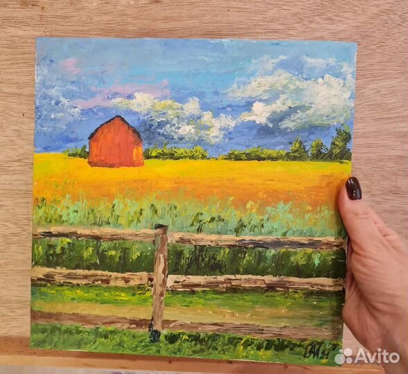 Картина маслом сельский пейзаж с красным амбаром