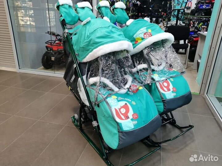 Санки для двойни с колесами лисичка утеплённые