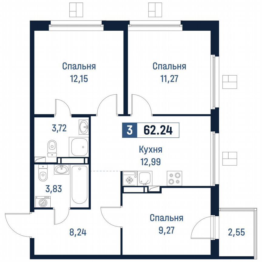 3-к. квартира, 61,5 м², 6/18 эт.