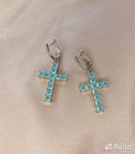 Сережки крестики лазурные красивые серебряные