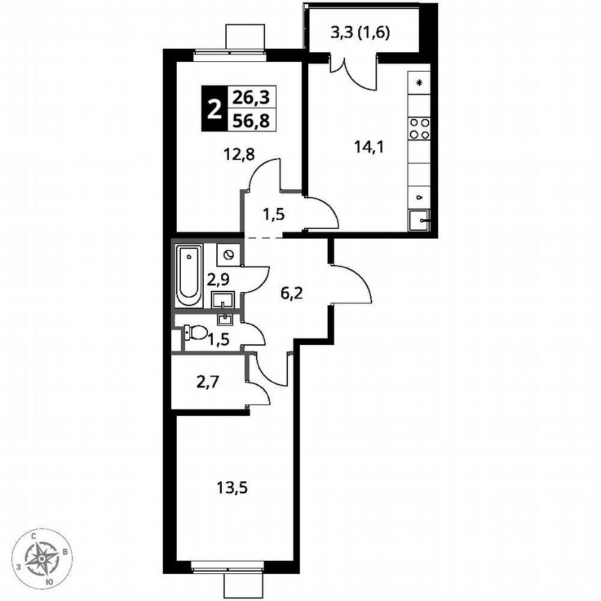 2-к. квартира, 56,8 м², 8/8 эт.