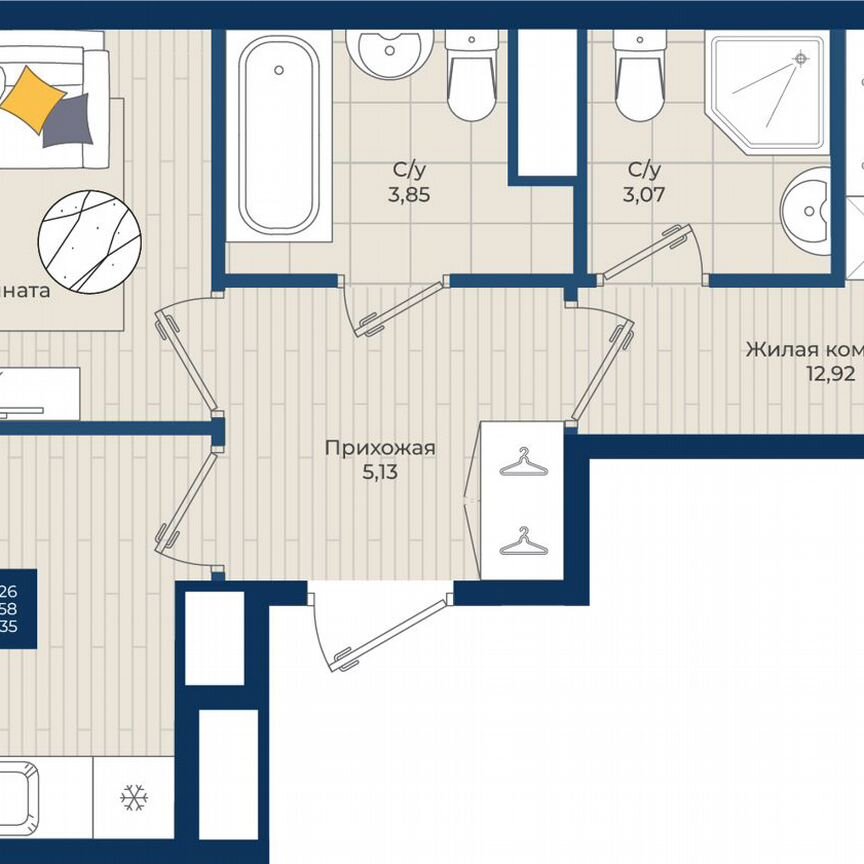 2-к. квартира, 49,4 м², 3/12 эт.