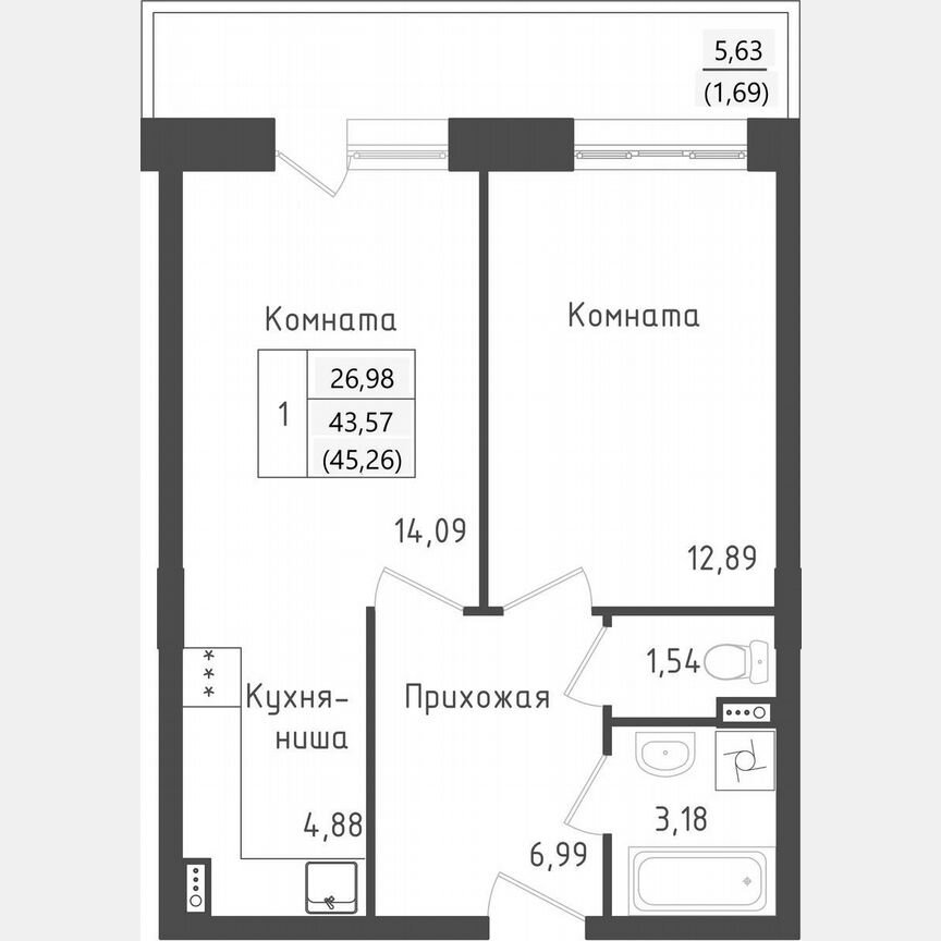 1-к. квартира, 45,3 м², 1/5 эт.
