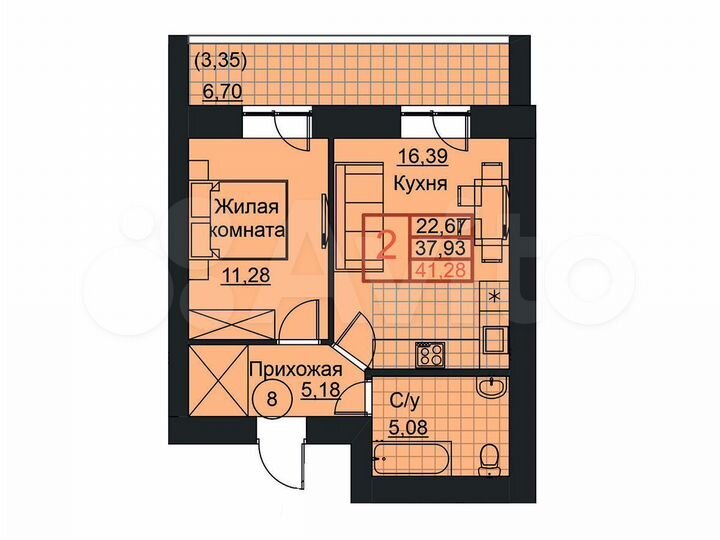 2-к. квартира, 41,3 м², 12/18 эт.