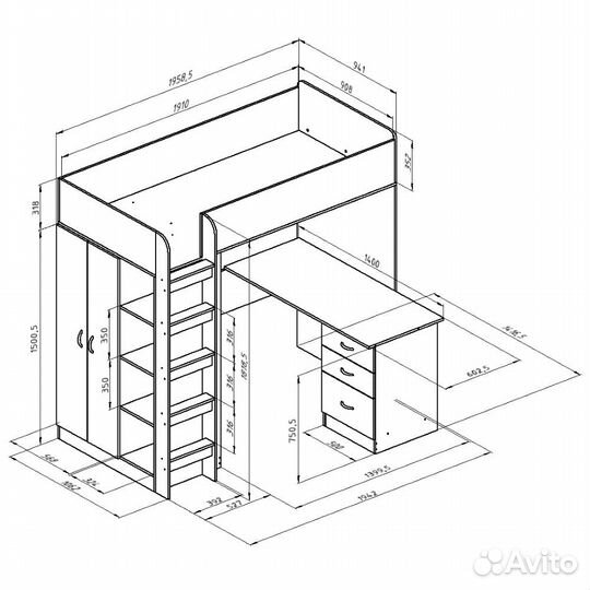 Кровать-чердак Теремок-3 дуб молочный/оранжевый