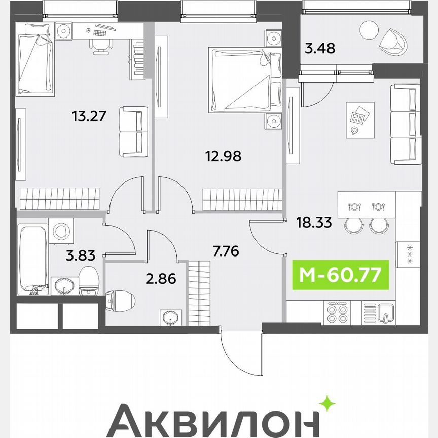 2-к. квартира, 60,8 м², 1/12 эт.