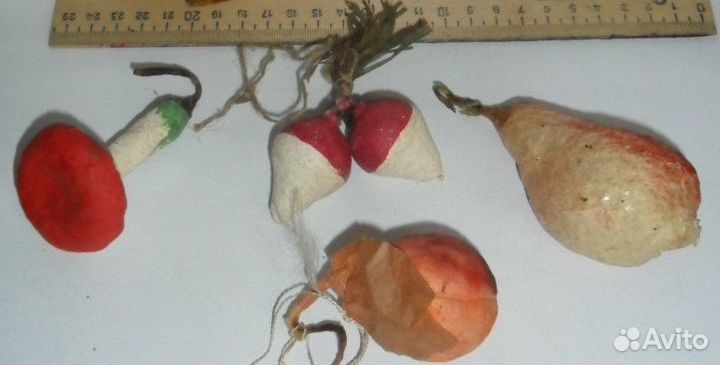 Елочная игрушка Груша,гриб,редис,персик Папье-маше