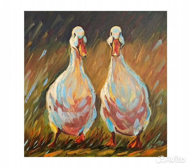 Картина утки маслом птицы гуси холст 40х40см