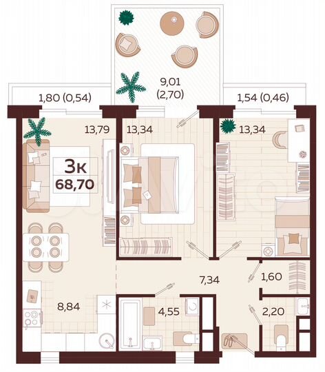 3-к. квартира, 68,7 м², 4/7 эт.