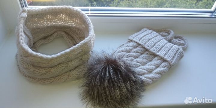 Детская вязаная шапка и шарф-снуд. Натуральный пом