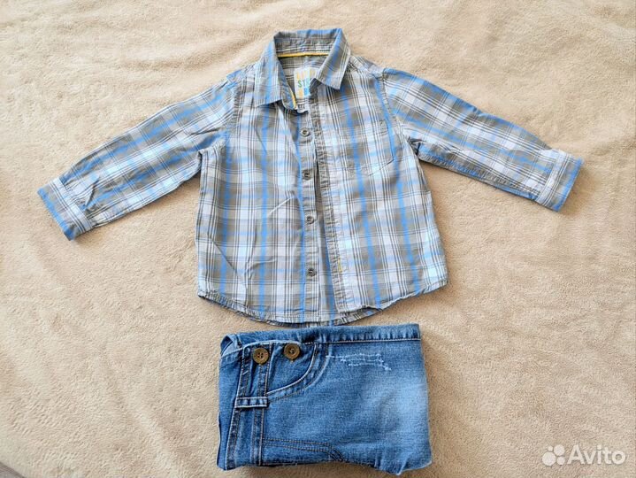 Джинсовый комбинезон и рубашка 80 рост