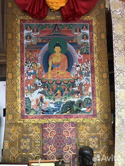 Тибетская Тханка Чудеса Будды Шакьямуни рисованная