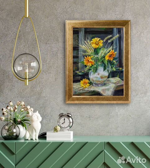Картина маслом Натюрморт с цветами и пшеницей