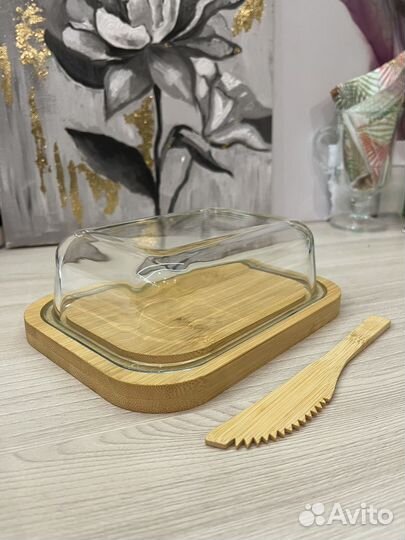 Масленка стеклянная крышка+ бамбук,370 мл