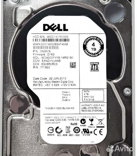 Жесткий диск Dell WD4000fyyx-18RS1B0 4Tb 7200 SATA