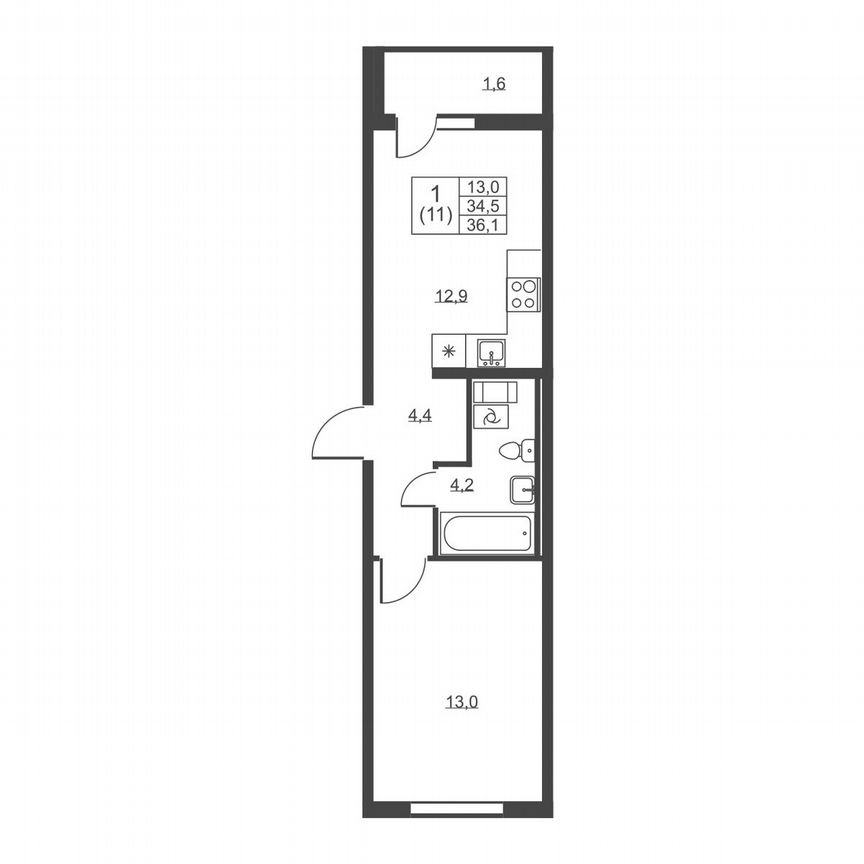 1-к. квартира, 36,1 м², 8/8 эт.