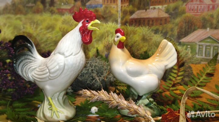 Петушок и курочка, петушок с гармошкой статуэтки