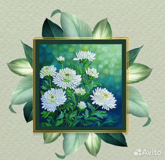 Картина маслом, цветы Хризантемы, холст 20х20