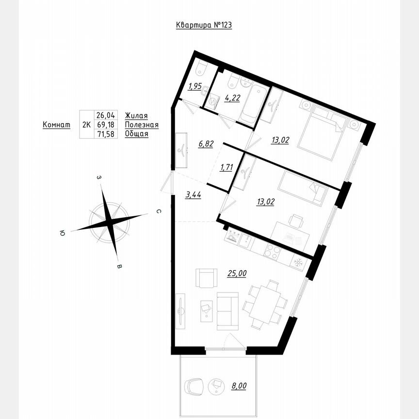 2-к. квартира, 71,6 м², 1/5 эт.