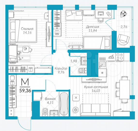 3-к. квартира, 59,4 м², 14/18 эт.